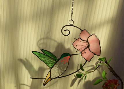 Lolitarcrafts Hummingbird with Flower Stained Glass Suncatcher Bird Stained Glass Window Hangings Hummingbird Gift for Home Decor (Green with Flower)