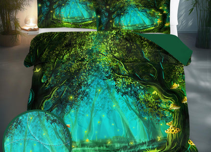SOULZZZ Forest Comforter Set Queen Size Premium Microfiber Green Forest Mushroom Butterfly Flower Pattern Comforter 3 Piece Aesthetic Green Bedding Set with 2 Pillow Shams