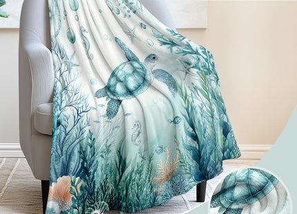 Jekeno Turtle Gifts Blanket Watercolor Ocean Sea Turtle Coral Throw Blanket
