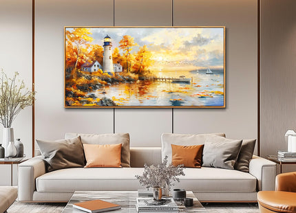 Lighthouse Wall Art,Seaside Birch Tree Landscape Framed Wall Decor 20"X40"