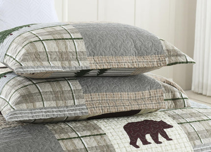 Uniclinens Quilt Set Queen Size, Cotton Quilted Quilt Bedding Set Bedspread, Bear Tree Elk Farmhouse Rustic Quilt, Patchwork Plaid Comforter Set, 3 Pieces Set with 2 Pillowshams, Brown/Grey/Green