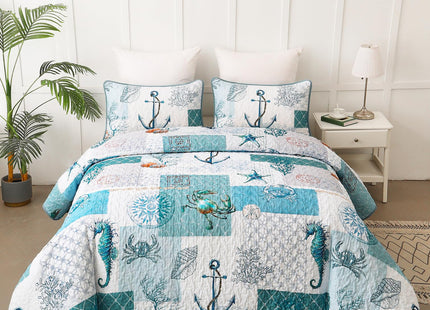 Beach Quilt Set Queen Size,3 Piece Coastal Ocean Summer Bedspread Coverlet Set with 2 Pillow Cases Lightweight Soft Microfiber Nautical Bedding Set Thin Quilted Blanket for All Seasons (96"x90")