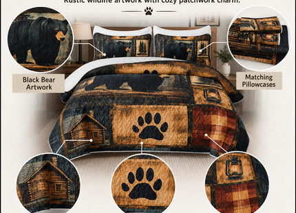 AILONEN Black Bear Quilt Set King Size, Rustic Bear Bedspread Coverlet for Boys Girls Adults with 2 Pillowcases,3-Piece Wildlife Themed Hunting Quilt Bedding Set