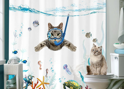 Fowocu Funny Cat Shower Curtain Set Teal Blue Sea Ocean Waterproof Fabric Shower Curtains with Animal Octopus Starfish Turtle Anchor Fish Nautical Bathroom Decor (Blue, 72''×72'')