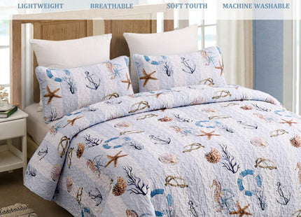 Coastal Quilt Set King Size 3 Pieces,Beach King Quilt Bedding Set Lightweight Sky Blue Bedspreads,Reversible Microfiber Nautical Quilts with 2 Shams Summer Ocean Coverlet Sets for King Bed All Season