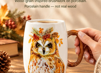 Moqidadii 24 oz Porcelain Coffee Mug, Hand-Painted Owl, Wood-Tone Handle
