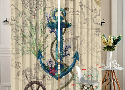 Kazynee Nautical Ocean Anchor Room Darkening Blackout Window Curtains with Grommets,Retro Wooden Rustic Underwater World Compass Anchor Energy Efficient Window Treatment 2 Panels 72L x 31.5W