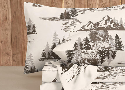 Wake In Cloud - Rustic Bed Sheets, 4-Piece Sheet Set, Cabin Forest Woodland Camping Theme with Lodge Mountain Pattern Printed Bedding, Deep Pocket, Beige Brown, Queen Size