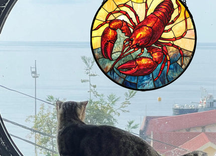 HWRHTR Stained Glass Window Hanging Red Lobster Marine Life 7.8" - Suncatcher Door Garden Sun Catcher Home Decor Birthday Christmas for Mom Men Woman Friend Nana