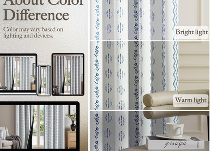 NICETOWN 100% Blackout Boho Curtains for Bedroom 2 Panels, W52 x L84 in, Coastal Rustic Floral Indigo Zigzag Patterned Thermal Insulated Drapes for Beach House, Bohemian Full Light Blocking Shades