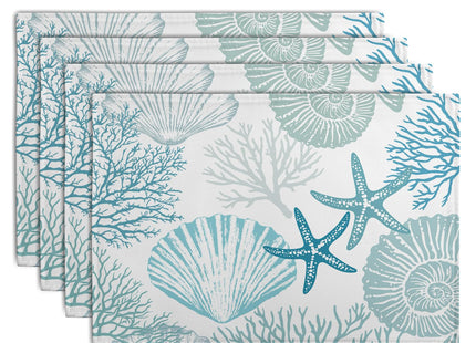 Nautical Coastal Blue Placemats Set of 4 Summer Teal Turquoise Beach Theme Linen Table Mats Ocean Coral Seashell Starfish Decorative Place Mats for Party Kitchen Dining Outdoor Indoor Decor