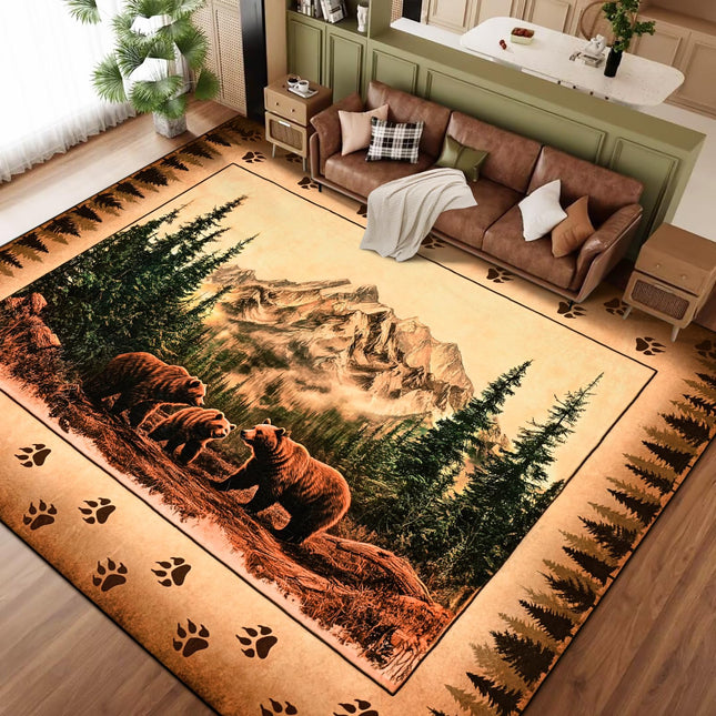 FRAMICS Farmhouse Area Rug 8x10, Rustic Cabin Lodge Bear Moose Deer Rug Washable Non Slip, Country Wildlife Area Rugs for Living Room, Vintage Soft Faux Wool Throw Rugs Floor Carpet, Large Home Decor