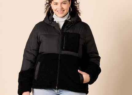 Amazon Essentials Women's Full-Zip Sherpa Fleece Hooded Puffer Jacket, Black, Large