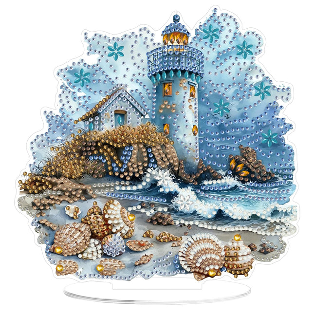 MOGTAA 5D Lighthouse Diamond Art Desktop Ornaments Kits for Adults Double Sided, DIY Stand Up Tabletop Ornament Seaside Kits, Special Shaped Crystal Gem Art Painting for Home Office Table Decor Gift