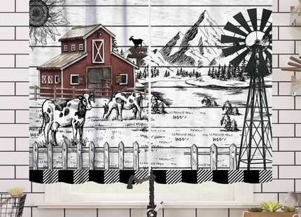 Lnepty Rustic Farmhouse Kitchen Curtains,Retro Animal Farm Cow Wood Wooden Country Cabin Black White Western Window Treatment Drapes for Bedroom Living Room 2 Panels,55X39 Inch