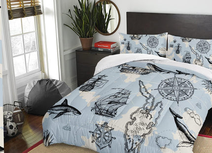 Retro Ocean World Map Comforter Set Queen, Pirate Ship Anchor Compass