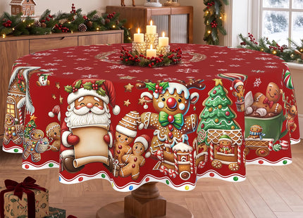 ZORKET Red Round Christmas Gingerbread Tablecloth 70 Inch, Waterproof Machine Washable Fabric Polyester Christmas Table Cloths Round Gingerbread Xmas Holiday Tablecloths for Kitchen Dining Party