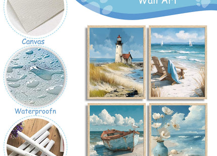 4Pcs Blue Coastal Wall Art Ocean Bathroom Wall Decor Pictures Lighthouse Boat Chair Flower Canvas Poster Prints for Bedroom Bathroom Home Office Decoration Unframed