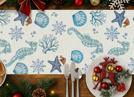 Christmas Table Runner Coastal Beachy Seahorse Starfish Table Runners Seasonal Kitchen Dining Table Decoration for Winter Home Party Banquet Decor 13x72 Inch