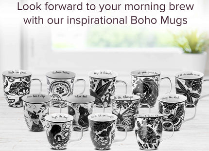 Karma Gifts, 14 oz Black and White Boho Mug, Cute Coffee and Tea Mug, Ceramic Coffee Mugs for Women and Men, Mermaid