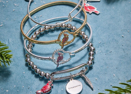 ALEX AND ANI 'Strength' Cardinal Duo Charm Bangle Bracelet - Red Cardinal Charm, Inspirational 'Strength' Accent, Nickel-Free, Cardinal Jewelry for Women (Shiny Silver)