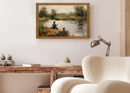 Wojuin Vintage Landscape Boy and Dog Fishing Canvas Wall Art 16x24 inch