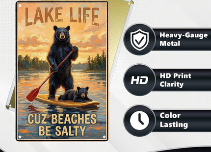 KIKIWALSGN Lake Life Signs Black Bear Decor Cuz Beaches Be Salty Tin Signs
