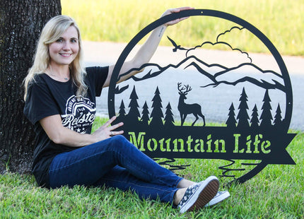 RealSteel Personalized Outdoor Metal Sign, Customize the Great Outdoor Deer & Mountain Monogram, Rustic Cabin, Lodge, or Home Décor, Laser Cut Steel Wall Art, Family Gifts