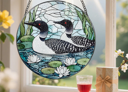 8-Inch Loon Birds Stained Glass Suncatcher Ornament, Stained Glass Window Hanging, Window Hanging Decor – Christmas, Birthday | Gifts for Bird Lover, Friend, Couples, Family | Holiday Decorations
