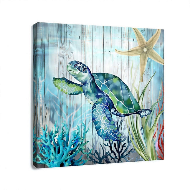 14x14 Inch Sea Turtle Coastal Canvas Wall Art Ocean Coral Bathroom Decor