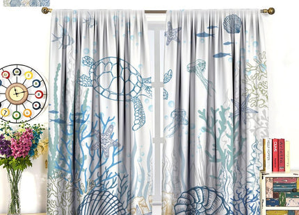 JanJCurt Nautical Turtle Curtains, Coastal Sea Ocean Theme Coral Starfish Seashell Jellyfish Undersea Life Window Curtains for Kids Bedroom Living Room Kitchen, 42x45 Inch (No Blackout)