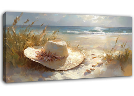 EIDOGRAF Beach Canvas Wall Art, Coastal Art Prints, Straw Hat Beach Pictures Wall Decor, Modern Coastal Landscape Painting for Living Room, Bedroom Decor Poster Framed Artwork Ready to Hang 24x12 Inch