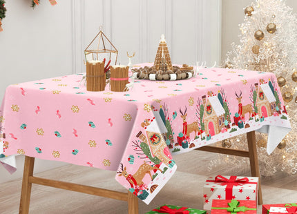 Christmas Tablecloth Pink Gingerbread House Reindeer Table Cover 52 x 70 Inch Xmas Table Cloth for Winter Holiday Birthday Party Supplies Decoration