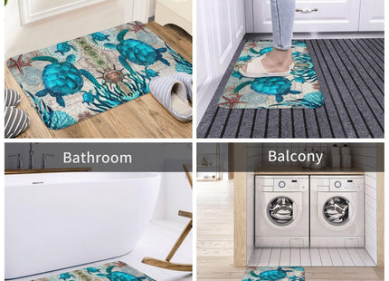 Sea Turtle Kitchen Rug Sets of 2,Anti Fatigue Cushioned Kitchen Rugs and Mats Coastal Bathroom Runner Rug Blue Turtles Beach Ocean Teal Marine Animal Nautical Floor Mat Non-Slip Washable Chef Sink Mat