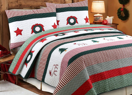 Cozy Line Home Fashions Rustic Christmas True Patchwork Trees Stars Moose Wreaths Reversible Quilt Bedding Set, Coverlet Bedspread (Rustic Christmas, King - 3 Piece)