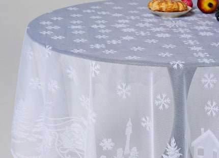 White Snowflakes Reindeer Xmas Embroidered Lace Round Tablecloth, 70 Inch