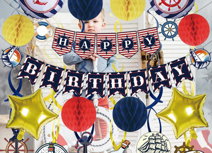 Nautical Party Decorations Cruise Nautical Birthday Decorations Cruise Boat Party Decor with Banner Balloons Hanging Swirls Honeycomb Balls
