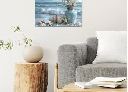 Blue Ocean Beach Bathroom Canvas Wall Art Starfish with White Flower Coastal Picture Wall Decor Seascape Poster Seaside Seashell Painting Print Artwork for Living Room Bedroom Restroom, Framed