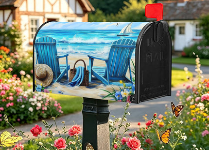 Ancordivo Summer Beach Mailbox Covers Magnetic Standard Size 21 x 18 Inch Nautical Coastal Blue Ocean Seagull Sailboat Chairs Mailbox Wraps Post Letter Box Cover for Garden Yard