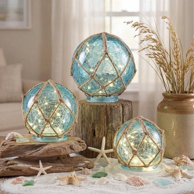 Kittmip 3 Pack Glass Fishing Float Nautical Lamp Coastal Beach Decor Nautical LED Light up Glass Buoy for Coastal Beach Decor(Blue Color)