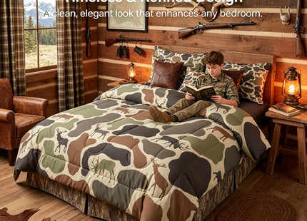 Erosebridal Camo Deer Comforter Set 7 Pcs Camouflage Hunting Deer Bedding Sets for Kids Teens Green Military Army Camo Bed in A Bag Queen Country Hunter Wildlife Sheet Set with Comforter