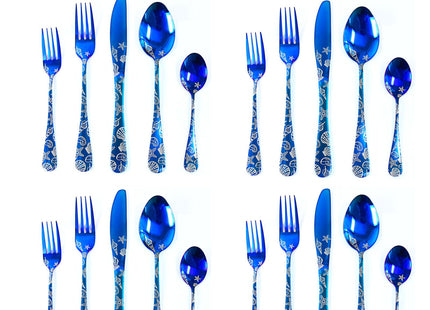 20 Pieces Stainless Steel Flatware Set for 4 People Knives Forks Spoons Set, Seashell Design, Ocean Nautical Seashell Summer Party Blue Silverware Mirror Polish and Dishwasher Safe (20, Blue Seashell)