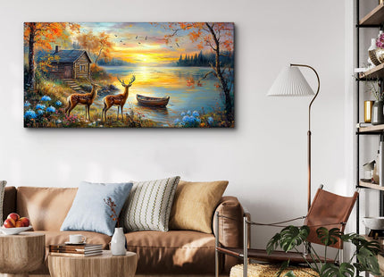 crmotu Nature Wall Art, Autumn Lake Cottage Deer Paintings 20X40 In