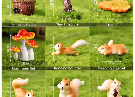 Delighture Fairy Garden Accessories, 9 Pieces Squirrel Resin Figures with Pinecone House Mushroom Leaf, Handmade Miniature Decor, Garden Miniatures Decors for Outdoor Home, Perfect DIY Gift