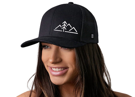 HAKA Mountains with Pine Tree Trucker Hat | Outdoors Snapback Cap - Black