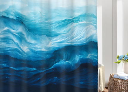 Blue Sea Wave Shower Curtain Set Ocean Coastal Nautical Bathroom Decor