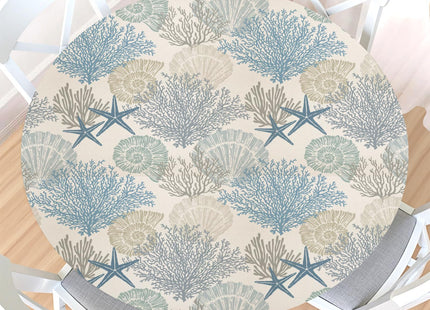 Summer Coastal Round Fitted Tablecloth with Elastic Edge,Water-Resistant Picnic Nautical Coral Starfish Seashell Table Cover for 40"-44" Found Tables Blue Ocean Table Cloth for Dinner,Outdoor,Patio