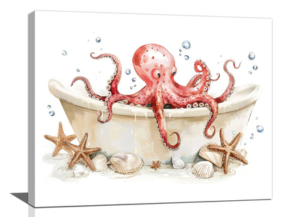 Octopus Wall Art Octopus in Bathtub Pictures Wall Decor Bathroom Canvas Prints Ocean Bathroom Decorations Painting Framed Artwork Office Home Decor For Toilet Laundry Washroom Restroom 20"x16"
