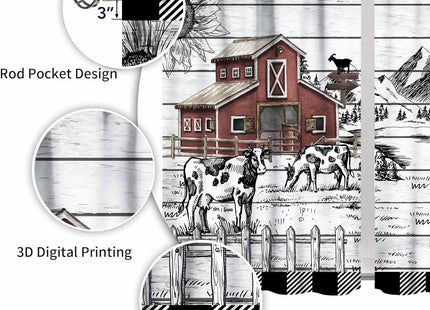 Lnepty Rustic Farmhouse Kitchen Curtains,Retro Animal Farm Cow Wood Wooden Country Cabin Black White Western Window Treatment Drapes for Bedroom Living Room 2 Panels,55X39 Inch