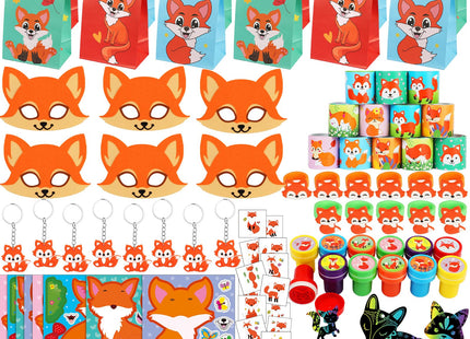 Fox Party Favors, 132PCS Fox Themed Birthday Party Supplies, Fox Gifts Goodie Bag Stuffers Stickers Stamps Toys Pinata Prizes for Jungle Safari Party Woodland Creatures Fox Birthday Party Decorations